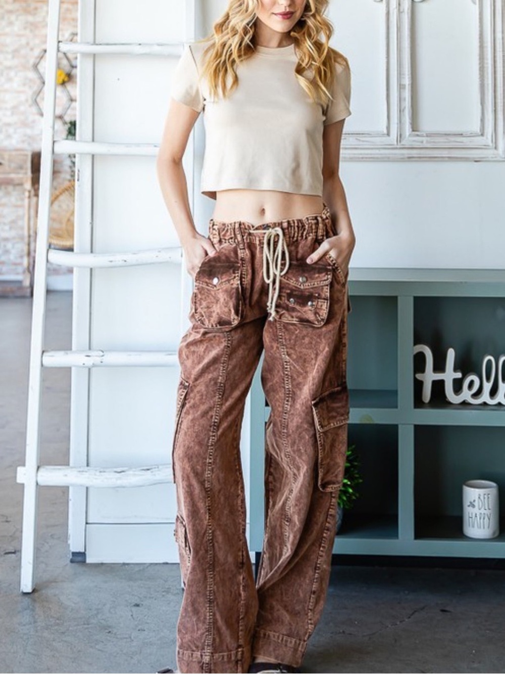 Oli & Hali Mineral Washed Drawstring Waist Cargo Pants Coffee Brown Small